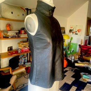 Vintage 80s 90s black leather sleeveless top high neck goth rocker XS S France